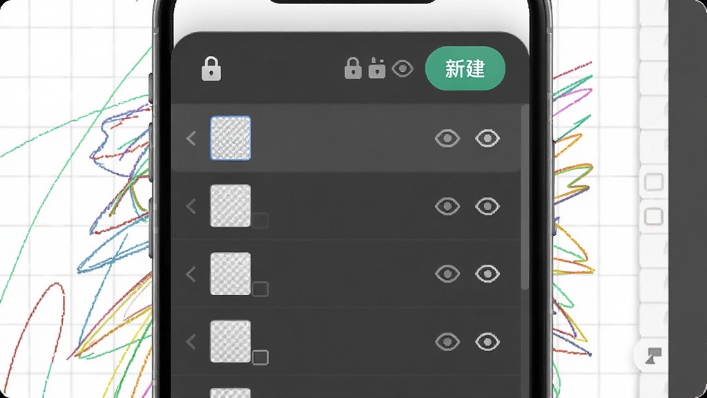 一张手机应用界面图,显示图层管理面板,有多个图层列表,每个图层右侧有小眼睛图标控制显示隐藏,顶部有锁定和新建按钮,背景是画布上的彩色线条草稿,整体风格类似专业绘图软件,但界面更简洁,排版清晰,细节圆润,画质干净无多余元素