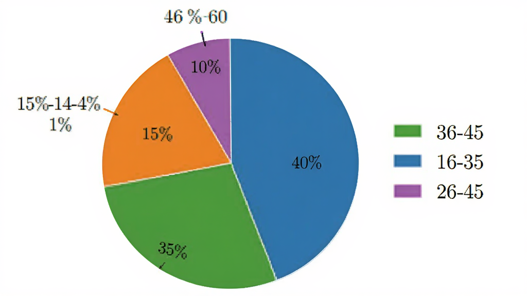 一张饼状图,展示用户年龄分布,18-25岁占40%,26-35岁占35%,36-45岁占15%,46-60岁占10%,颜色分别用蓝、绿、橙、紫表示,图例清晰,背景白色,风格简洁,画质干净无多余元素