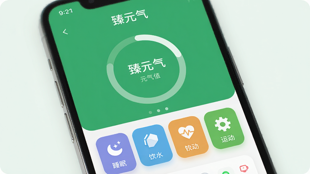 һ�������ֻ�չʾ���棬��Ļ������ʾ��ɫ��ɫ���ġ���Ԫ����APP��ҳ������Բ���ε�Ԫ��ֵ����Ȧ���·�������˯�ߡ���ˮ���˶��Ȳ�ɫͼ�꿨Ƭ������Ϊǳɫ�����UI����ִ���ƽ���������������ʸɾ��޶���Ԫ�ء�