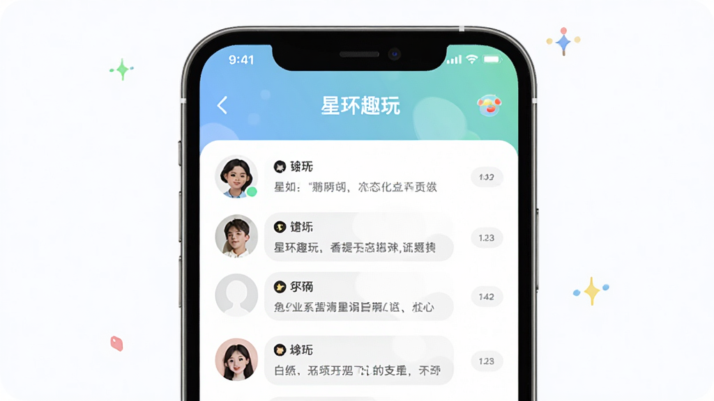 һ���ֻ�Ӧ�ý�ͼ����ʾ���ǻ�Ȥ�桱������ҳ�棬���û�ͷ��������б�����Χ�Ѻú�г����������ִ���ɫ�����ʣ������������ɾ��޶���Ԫ�ء�