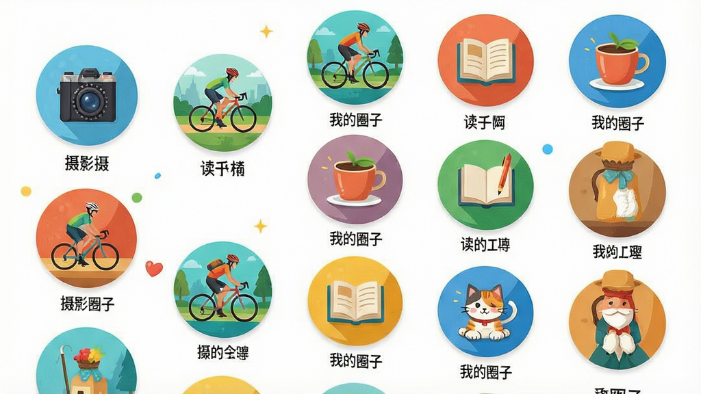 һ���ֻ�Ӧ�ý������ͼ��չʾ���ҵ�Ȧ�ӡ�APP�ġ���ȤȦ�ӡ�ҳ�档�����Ǵ������µ�Բ��ͼ�����У�ÿ��ͼ�������ͬ��ȤС�飬����Ӱ�����С�����ȡ����ֲ����������У��Ű����������������죬�廭ϸ�ڷḻ�����ʸɾ���ͼ���·����С��ҵ�Ȧ�ӡ�������