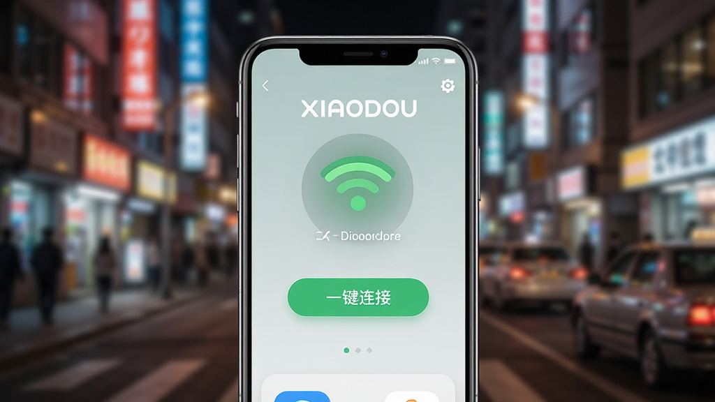һ�������ֻ���Ļ��д����Ļ����������ʾ��XIAODOU����App�����棬����������ɫWiFiͼ��͡�һ�����ӡ���ť���ֻ�������ģ���ĳ��нֵ�ҹ����������������࣬ϸ�ڷḻ�����ʸɾ��޶���Ԫ�ء�