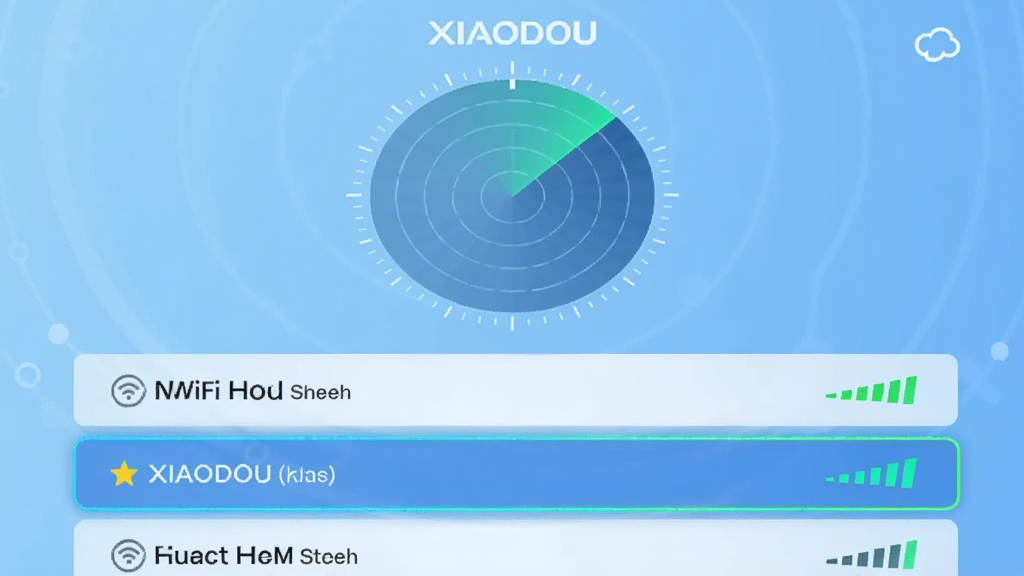 �ֻ�Ӧ�ý����ͼ����Ϸ���ʾ��XIAODOU�����״�ɨ�趯�����·����б���ʽչʾ���WiFi�ȵ����ƺ��ź�ǿ��ͼ�꣬������ǿ���ȵ㱻�����߿��ǣ�����Ϊǳ��ɫ�Ƽ��н��䣬�����Ű�����������ƽ�����ʸɾ��޶���Ԫ�ء�
