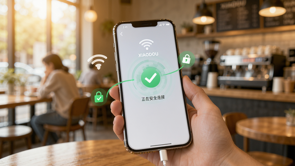 һ���ֻ�����ͨ����XIAODOU��Ӧ���������WiFi����Ļ����ʾ�����ڰ�ȫ���ӡ��Ľ��ȶ�������Χ������ͼ�����ɫ�Թ��������ǿ��ȹݵ�ģ��������ɫ����ů������ͻ����ȫ�ɿ��ķ�Χ�����ʸɾ��޶���Ԫ�ء�