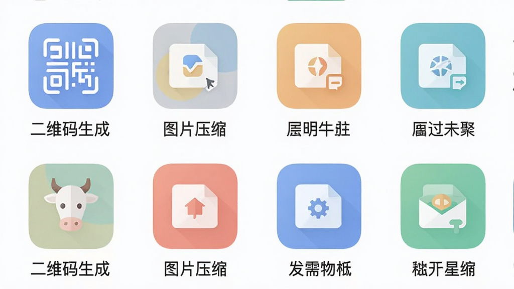 ţ����Ӧ���ڵĹ��߾ۺ�ҳ�棬�����񲼾�չʾ����С����ͼ�꣬ÿ��ͼ���·������������硰��ά�����ɡ�����ͼƬѹ����������ɫ����ͣ���ƽ����񣬻��ʸɾ��޶���Ԫ�ء�