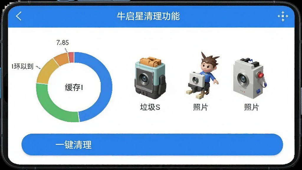 ţ�����������ܵĽ����ͼ����ʾ�ֻ��洢�ռ��ʹ��������Ի���ͼչʾ���桢�����ļ�����Ƭ��ռ�ȣ������С�һ����������ť��������ֱ�ۣ�����ɫ��������������