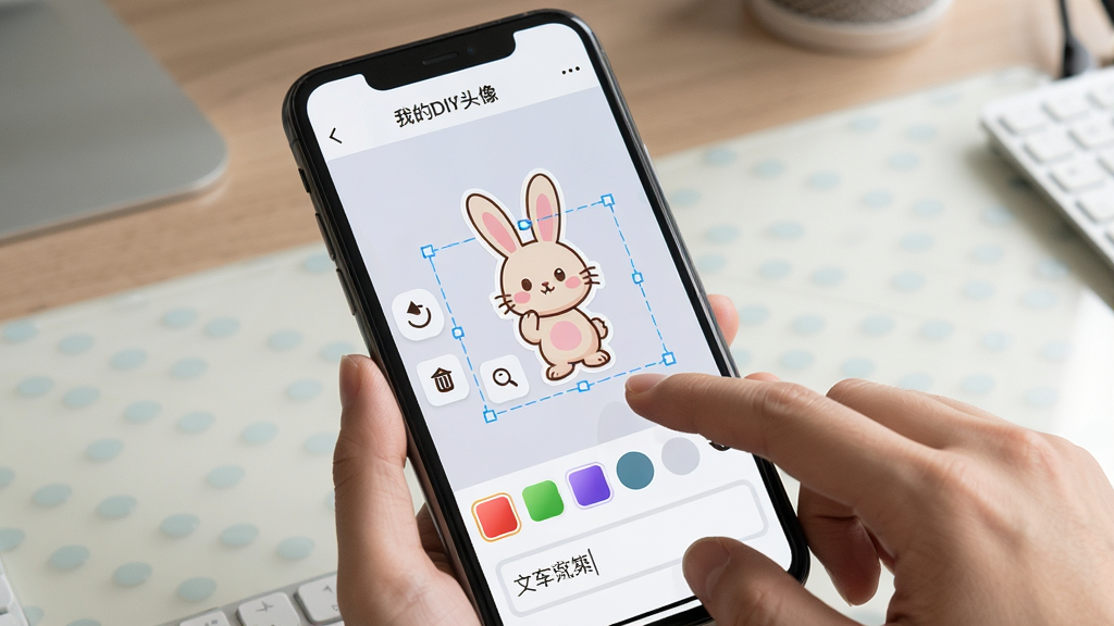 һ���ֻ�APPʹ�ó���ͼ����Ļ��չʾ���ҵ�DIYͷ�񡱵ı༭���棬��������һ����ѡ�еĿ�ͨ������ֽ����Χ��ʾ��ת�����ź�ɾ���Ĺ��ܰ�ť�������·�����ɫѡ��������������򣬱���������Ĳ���̨�棬��������һֻ�����ڵ����Ļ�����дʵ��������ͣ������������޶���Ԫ�ء�