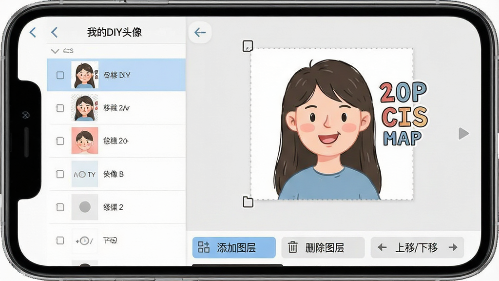 һ���ֻ�APPʹ�ý�ѧʾ��ͼ����Ļ����ʾ���ҵ�DIYͷ�񡱵�ͼ��������棬�����ͼ���б����Ҳ��ǻ����ϵ�ͼƬ������Ԫ�أ������·��С�����ͼ�㡱����ɾ��ͼ�㡱��������/���ơ��Ȱ�ť�������������������ʸɾ����޶���Ԫ�ء�
