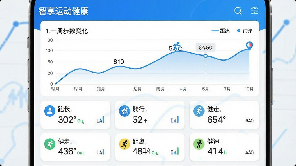 һ�š������˶�������App���˶�����ͳ��ҳ���ͼ������Ϊ���½ṹ���Ϸ�������ͼչʾһ�ܲ����仯���·��ǿ�Ƭʽ�б�չʾ�ܲ������С����ߵȲ�ͬ�˶����͵ľ������ݣ�����ʱ������������٣������԰�ɫΪ��������ɫ��׺��ͼ���������������ݱ�ע��������������רҵ�����ʸɾ���