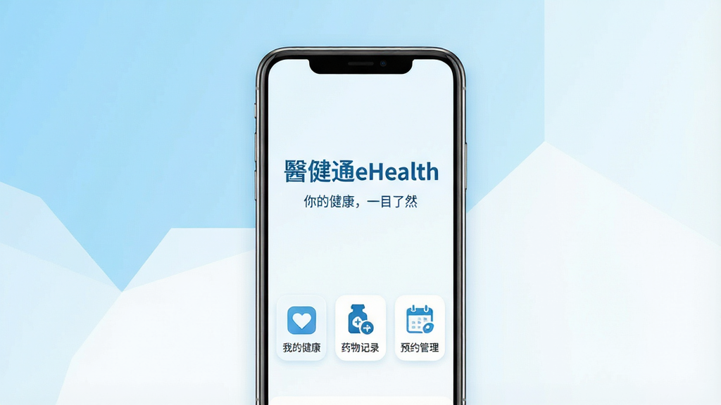 ͼƬ����ռλ����������Ϊ����ͨeHealth���ֻ�Ӧ�ý���չʾ��һ�������ֻ���Ļ���Ծ�ͷ����Ļ������ʾ�����ġ���ͨeHealth����ɫLogo�롰��Ľ�����һĿ��Ȼ����������·��С��ҵĽ���������ҩ���¼������ԤԼ����������ͼ�ꡣ����Ϊ�ֻ����У�����Ϊ����ǳ���Ͱ�ɫ����ɫ�飬��ƽ����Ʒ��ϸ�ڰ���Բ�ǿ�Ƭ����ˬͼ�꣬���ʸɾ����޶���Ԫ�ء�