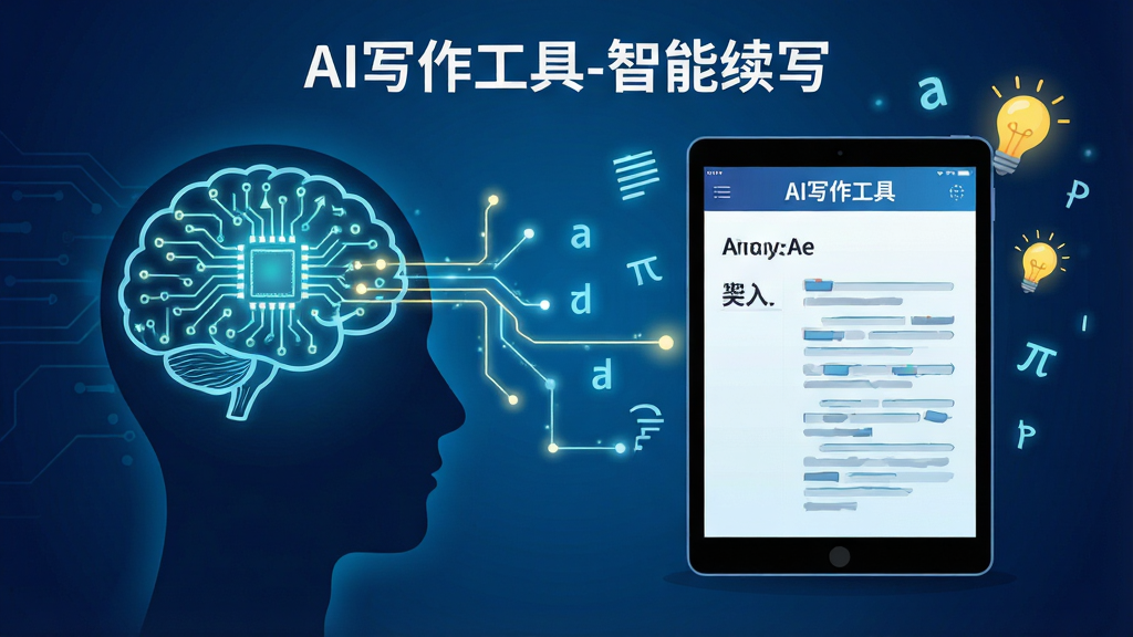 一张创意插画风格的功能展示图,主题为“AI写作工具-智能续写”,画面左侧是一个人物头部剪影,大脑区域被设计成发光的电路板图案,向外延伸出明亮的思维连线,连向右侧一部正在运行“AI写作工具”应用的平板电脑,屏幕上展示着一篇从简短开头自动延伸成长文章的过程,周围漂浮着文字符号和灵感灯泡,背景为深蓝色科技感渐变,画质清晰干净,无多余元素。
