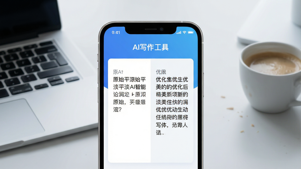 一张现代简约风格的手机应用界面展示图,画面中央是一部智能手机,屏幕占据视觉主体,手机屏幕内清晰显示应用名称“AI写作工具”,界面设计以蓝白渐变为主色调,整体排版干净清爽,屏幕中展示着一段正在被AI智能润色的中文文本对比效果,左侧为原始平淡的句子,右侧为优化后生动优美的句子,背景为柔和的浅灰色工作台,摆放着笔记本电脑和一杯咖啡,画质高清干净,无多余元素。