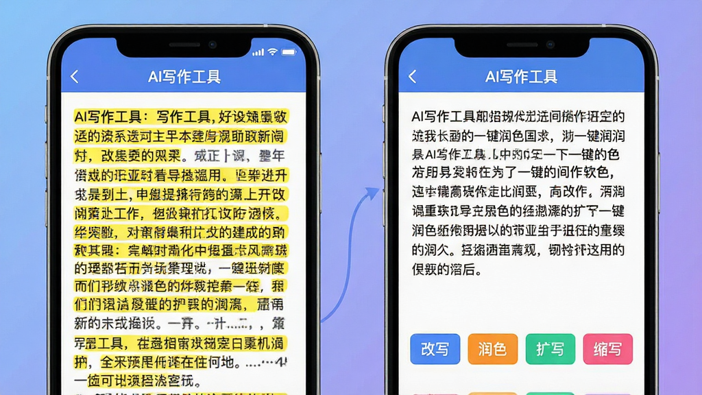 一幅对比强烈的功能示意图,画面中央显示一个手机应用界面,应用名称为“AI写作工具”,左侧是一段带有黄色高亮标记的冗长嗦的中文文本,右侧则是经过软件一键润色后的同段文字,风格简洁清晰,下方有“改写”、“润色”、“扩写”、“缩写”四个彩色功能按钮,背景为柔和的蓝紫色渐变,界面扁平化设计,画质高清干净,无多余元素。