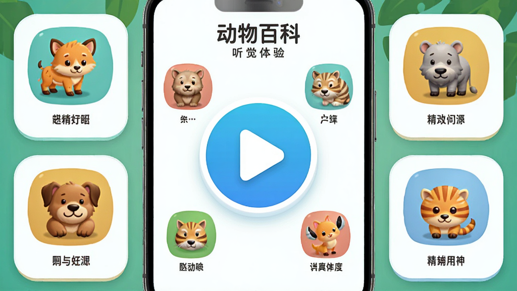 一张手机竖屏界面,“动物百科”App的听觉体验页面,中央是一个大大的播放按钮,周围环绕着多种动物图标,点击动物图标可播放其叫声,界面采用圆角卡片设计,色彩明快,画质干净,无多余元素。