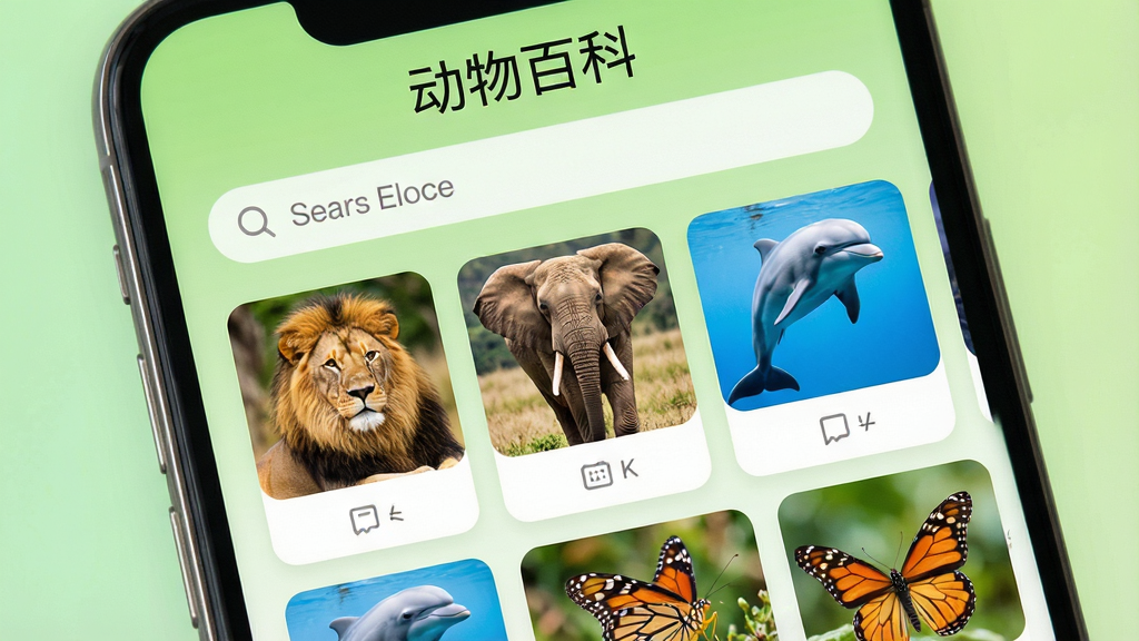 一张智能手机屏幕特写,屏幕中展示“动物百科”App的首页界面,界面顶部有搜索栏,中间是各种动物的精美卡片缩略图,包括狮子、大象、海豚和蝴蝶,整体风格清新自然,背景为淡绿色渐变,画质干净,无多余元素,文字“动物百科”清晰显示在屏幕上方。