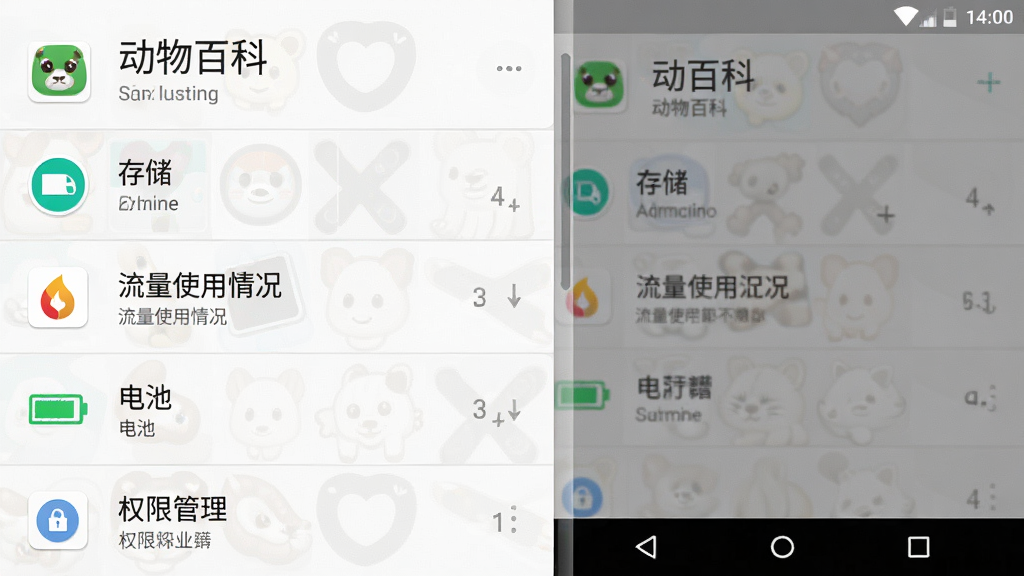 一张手机设置页面的截图,显示“动物百科”的应用信息,包括“存储”、“流量使用情况”、“电池”和“权限管理”等选项,界面是安卓原生风格,背景为白色,图标清晰,画质干净,无多余元素。