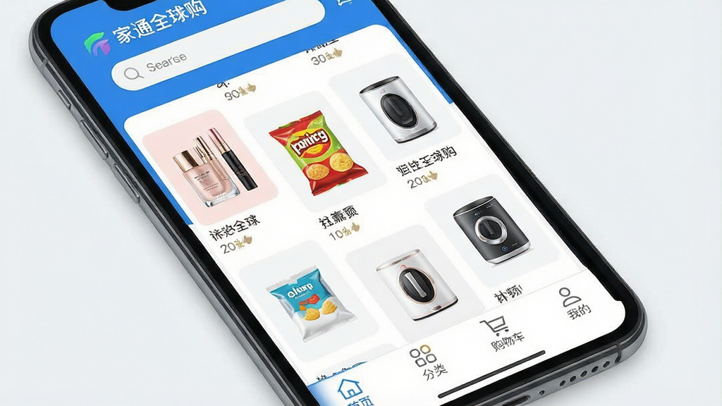 一张展示智能手机屏幕的图片,屏幕中显示“家通全球购”应用的主界面,界面设计简洁现代,顶部有搜索栏,中间是商品瀑布流,展示各类进口商品如化妆品、零食、小家电,底部有四个导航标签:首页、分类、购物车、我的,整体色调以蓝白为主,风格扁平清爽,画质高清干净,无多余元素。