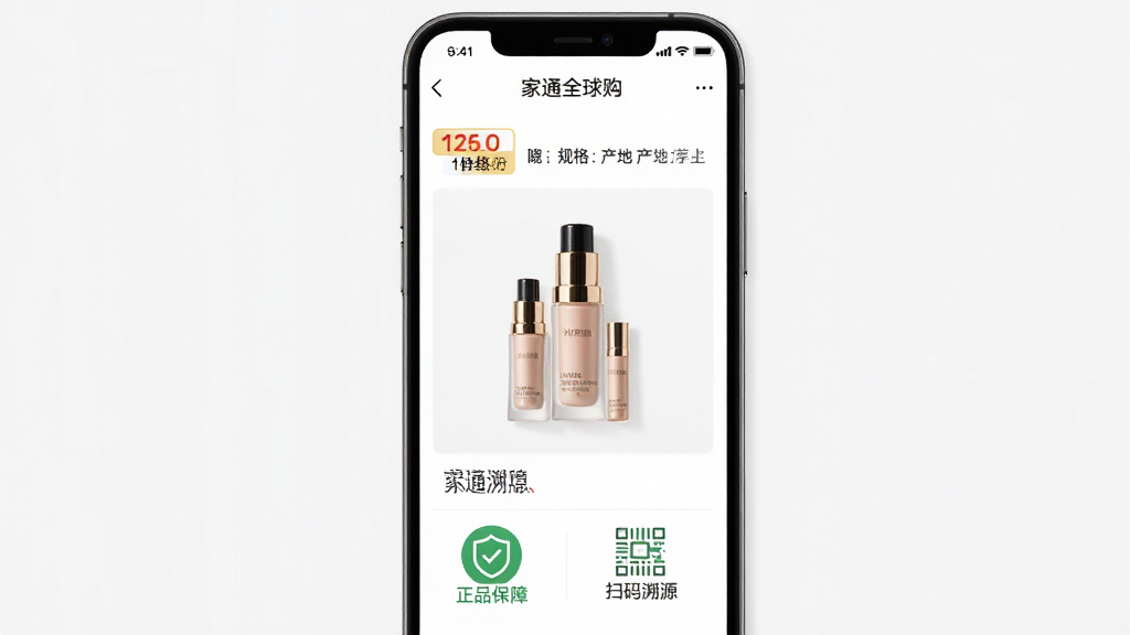 一张展示“家通全球购”应用内商品详情页的图片,屏幕中显示一款化妆品的详细介绍,包括价格、规格、产地等信息,下方有“正品保障”和“扫码溯源”的图标,页面设计清爽,商品图片清晰,背景干净,画质高清。