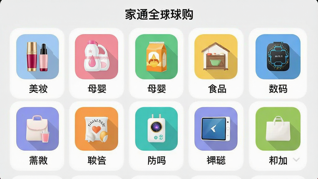 一张展示“家通全球购”应用内商品分类页面的图片,屏幕中整齐排列着多个商品分类图标,包括美妆、母婴、食品、家居、数码等,每个图标下方有中文标签,背景为浅灰色,界面风格简洁清晰,色彩明快,整体布局规整,画质干净,无多余元素。