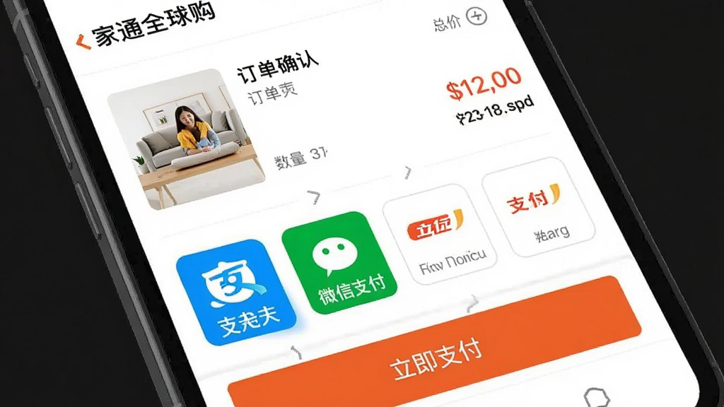 一张展示“家通全球购”应用内下单支付页面的图片,屏幕中显示订单确认信息,包括商品图片、数量、总价,下方有支付宝、微信支付等支付方式图标,还有一个“立即支付”的按钮,界面简洁明了,操作指引清晰,画质干净。