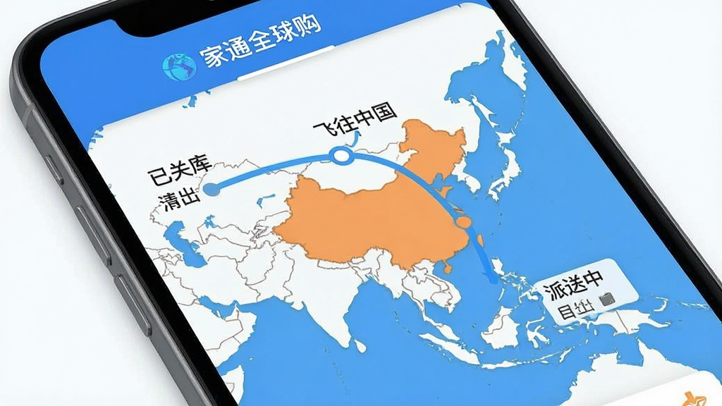 一张展示“家通全球购”应用内物流跟踪页面的图片,屏幕中显示一个包裹的运输轨迹,包括“已出库”、“飞往中国”、“清关中”、“派送中”等节点,每个节点都有时间戳,地图上有动态路线,界面风格简洁直观,画质清晰,无多余元素。