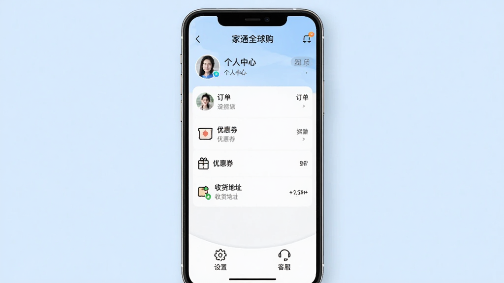 一张展示“家通全球购”应用内个人中心页面的图片,屏幕中显示用户头像、订单列表、优惠券、收货地址等选项,页面底部有“设置”和“客服”入口,界面设计简洁,信息层级清晰,背景为浅蓝色,画质干净。
