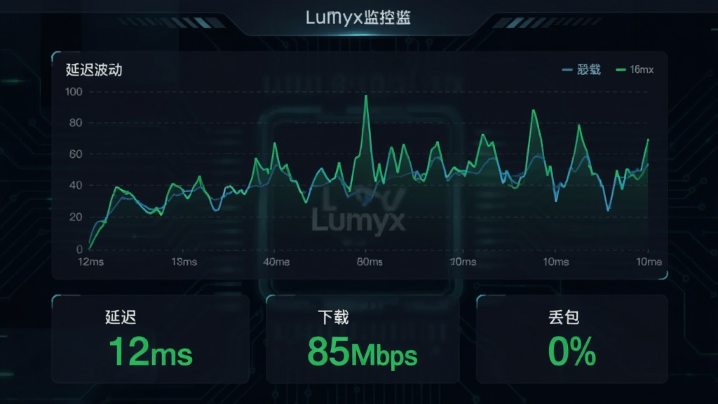 չʾLumyxʵʱ�������ͼ�����棬��������������ͼ��ʾ�ӳٲ������·��Ǽ������ݿ�Ƭ�ֱ��ע���ӳ� 12ms���������� 85Mbps���������� 0%����������ɫ�Ƽ������������ɫ�������Ű����������ʸɾ�