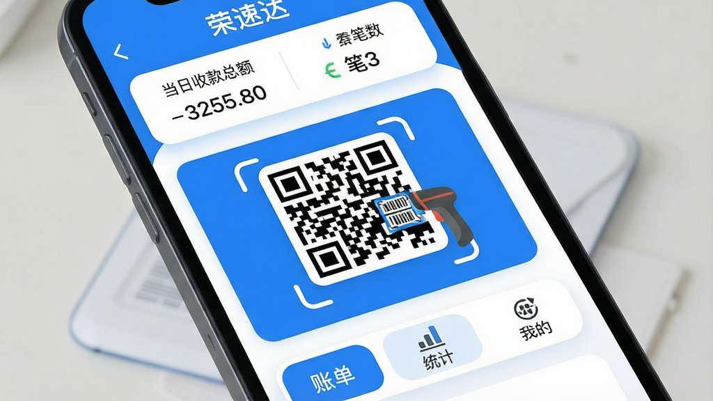 һ��չʾ�����ֻ���Ļ����д����Ļ������ʾ�����ٴAPP�������棬���沼���������Ϸ���ʾ�����տ��ܶ�ͱ������м���һ����ߴ���տ��ά���ɨ��ǹͼ�꣬�·����˵���ͳ�ơ��ҵ�����ѡ����������ִ���ƽ��������Ϊ��ɫ����ϸ��Բ�󣬻��ʸɾ��޶���Ԫ�ء�
