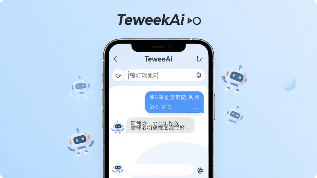 һ��չʾTeweekAi���Ĺ��ܵ�����ͼƬ�������������ֻ���Ļ����ʾ��TeweekAi�ĶԻ����棬����Ϊǳ��ɫ���䣬�������ֻ����У������ڰ�������������AI�ظ����ݣ��Ű��࣬����ִ���ƽ��ϸ�ڴ���΢С�Ļ�����ͼ���׺�����ʸ���ɾ��޶���Ԫ�ء�