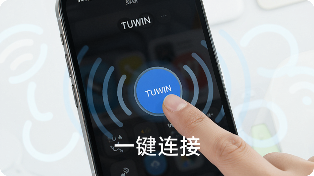 չʾTUWINһ�����ӹ��ܵĲ������棬��������һ���ֻ�����Ļ����ʾTUWINӦ�ã�������һ����ɫԲ�ΰ�ť����ָ���ڵ������Χ�������źŲ�����ɢ��������࣬ɫ�����������ʸɾ����޶���Ԫ�أ�ͼƬ�б�ע