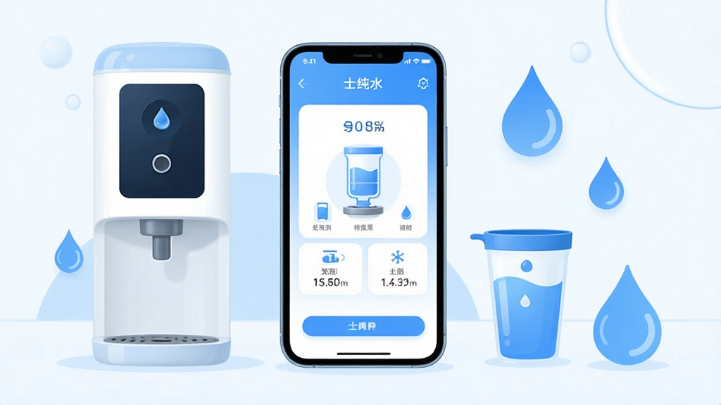 一张展示士纯软件核心功能的场景图,主体为一部运行着士纯APP的智能手机,屏幕显示简洁的饮用水管理界面,周围环绕着智能饮水机、水杯和干净的水滴元素,整体布局均衡,现代扁平化设计风格,色彩以清新的蓝白为主,细节圆润精致,画质干净无多余元素。