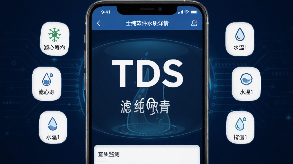 一张展示士纯软件水质监测功能的界面,主体为手机APP的水质详情页,页面中央有大大的TDS数值显示,周围环绕着滤芯寿命、水温等小图标,背景为科技感十足的深蓝色,整体布局清晰,数据可视化风格,细节丰富,画质干净无多余元素。