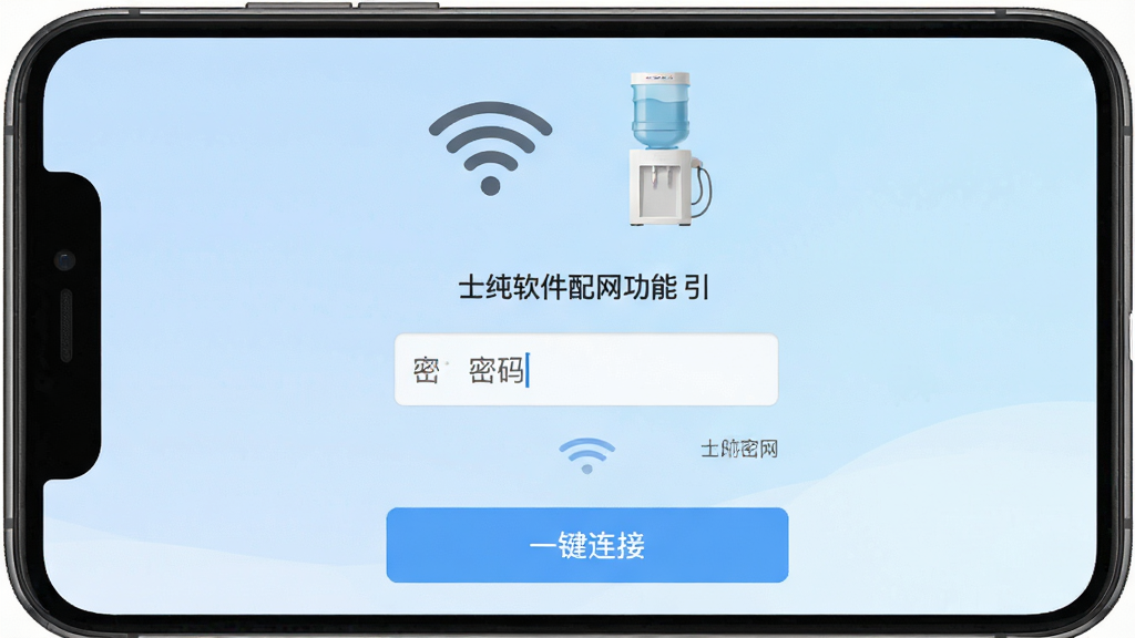 一张展示士纯软件配网功能的界面截图,主体为手机APP的配网引导页面,上方有WiFi信号图标和饮水机设备图标,中间是密码输入框,下方有清晰的一键连接按钮,背景为柔和的浅蓝色渐变,布局简洁明了,扁平化设计风格,细节精致,画质干净无多余元素。