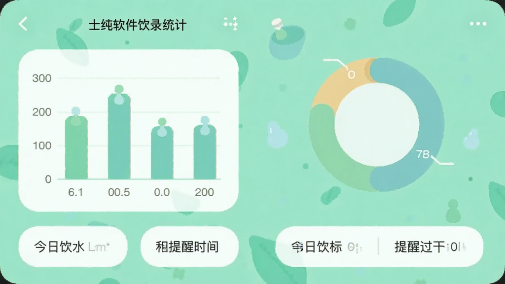 一张展示士纯软件饮水记录功能的界面,主体为手机APP的饮水统计页面,展示条形图和环形图,下方有今日饮水目标和提醒时间设置,背景为清新的薄荷绿色,扁平化设计风格,图表元素圆润,画质干净无多余元素。