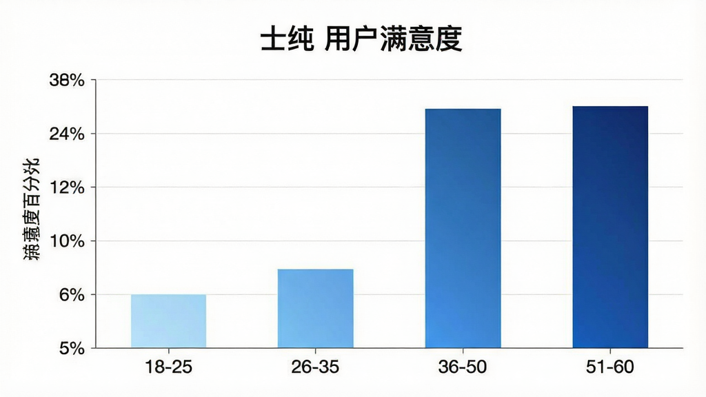 一张展示士纯用户评价的柱状图统计图,横轴为年龄分段(18-25、26-35、36-50、51-60),纵轴为满意度百分比,柱状图颜色由浅蓝到深蓝渐变,最高值为35岁年龄段,背景干净,配图文字为“士纯 用户满意度”,图表风格简洁现代,细节清晰,画质高。
