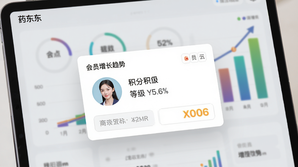 ƽ���������ʾ��ҩ�������Ļ�Ա�������棬����������һ���˿ͻ�Ա��Ƭ����д����Ƭ����ʾ���ֺ͵ȼ�������Ϊͼ��ͳ�ƣ�չʾ��Ա�������ƣ���ɫ�ḻ����г����������ִ��������������޶���Ԫ��