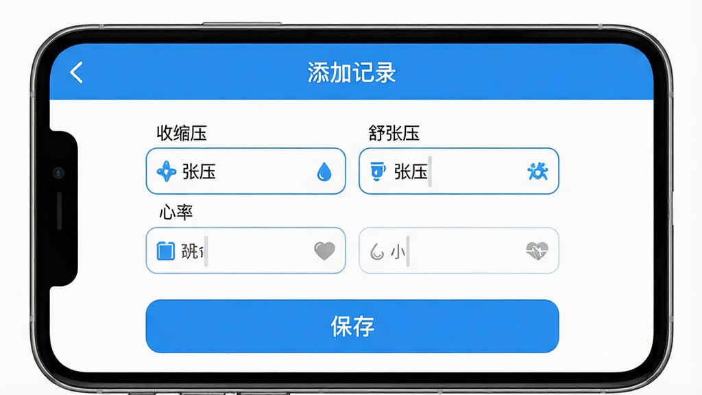 һ���ֻ�������ͼ��չʾ��ѪѹѪ�Ǽ�¼��APP�ġ����Ӽ�¼��ҳ�棬ҳ�涥���з��ؼ�ͷ�͡����Ӽ�¼�����⣬�м��������ı�������������ѹ������ѹ�����������ÿ�����������Сͼ�꣬�·��С����桱��ť���������࣬������ɫ�����ʸɾ����޶���Ԫ�ء�