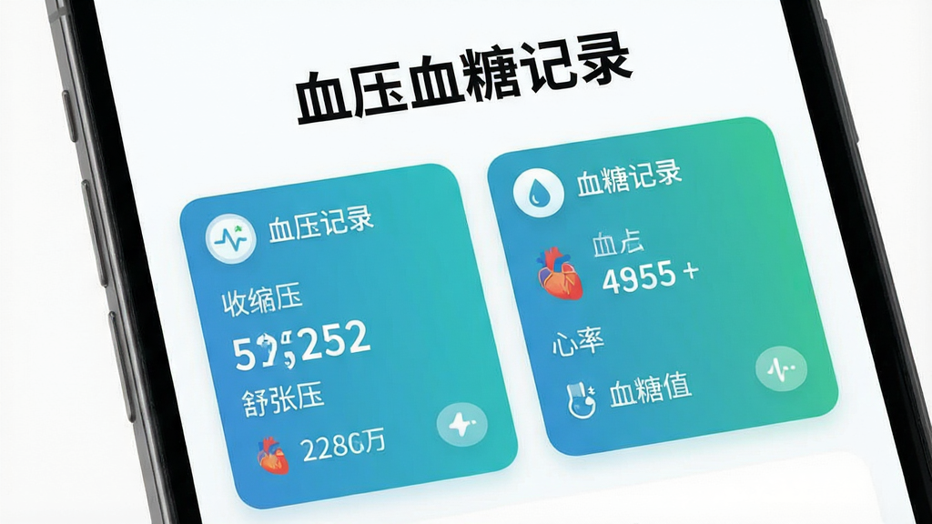 һ�Ÿ����ֻ�Ӧ�ý�ͼ��չʾ��ѪѹѪ�Ǽ�¼��APP�������棬���������ִ����԰�ɫΪ�ף�����ɫ������Ϊ��ɫ����������������ʾ��ѪѹѪ�Ǽ�¼�����·��ÿ�Ƭ��ʽ�ֱ�չʾ��Ѫѹ��¼���͡�Ѫ�Ǽ�¼������ģ�飬��Ƭ�ϰ�������ѹ������ѹ�������Լ�Ѫ��ֵ������������չʾ�����岼����ˬ��ͼ��Բ�󣬻��ʸɾ����޶���Ԫ�ء�