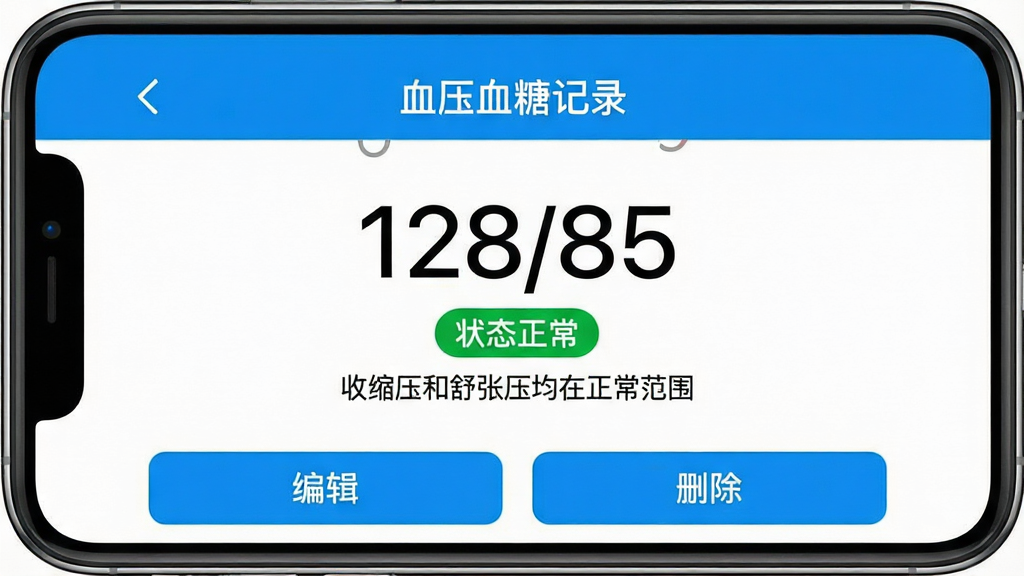 һ���ֻ���ͼ��չʾ��ѪѹѪ�Ǽ�¼��APP�ļ�¼����ҳ��ҳ������������ʾ���β�����Ѫѹֵ��128/85�����·�����ɫ��ǩ��״̬��������������һ��С�֡�����ѹ������ѹ����������Χ����ҳ��ײ��С��༭���͡�ɾ������ť����������࣬������ɫ�����ʸɾ����޶���Ԫ�ء�