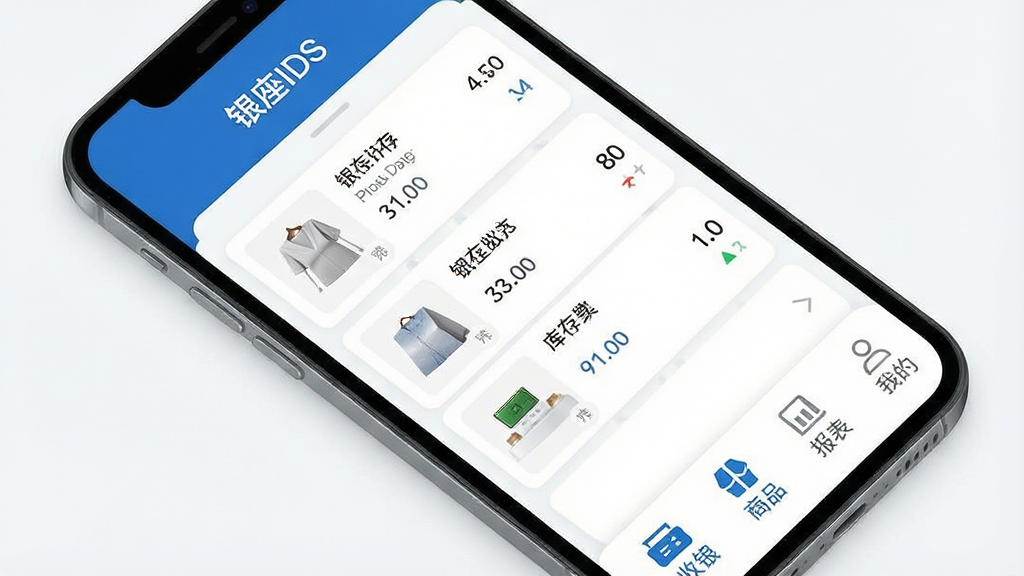 一张手机屏幕的俯视图,手机屏幕内展示“银座IDS”应用主界面,界面以简洁的蓝白配色为主,顶部显示“银座IDS”字样,中间是清晰的商品列表和库存数字,底部有“收银”、“商品”、“报表”、“我的”四个菜单图标,整体风格现代扁平,细节圆润,画面干净无多余元素