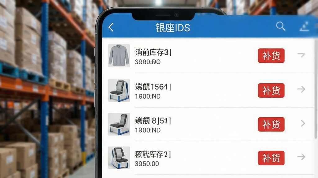 一张智能手机界面截图,显示“银座IDS”的库存预警列表,每件商品旁边有当前库存数字和红色“补货”标签,背景是模糊的仓库货架,画面构图清晰,软件界面占据主体,蓝白配色,风格简洁明了,细节丰富,画质干净