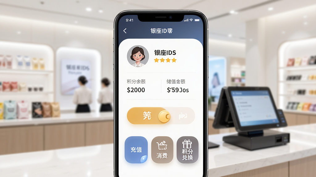 手机界面展示“银座IDS”的会员管理页面,顶部是会员头像和等级,中间是积分余额和储值金额,下方有“充值”、“消费”、“积分兑换”三个功能按钮,背景是明亮的店铺收银台,画面风格现代,UI细节圆润,画质清晰干净
