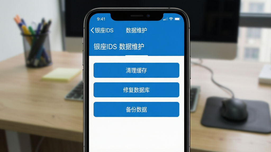一张手机截图,显示“银座IDS”的“数据维护”界面,页面中有“清理缓存”、“修复数据库”、“备份数据”三个选项,背景是模糊的办公桌,画面突出软件界面,风格简洁,蓝白配色,细节清晰,画质干净