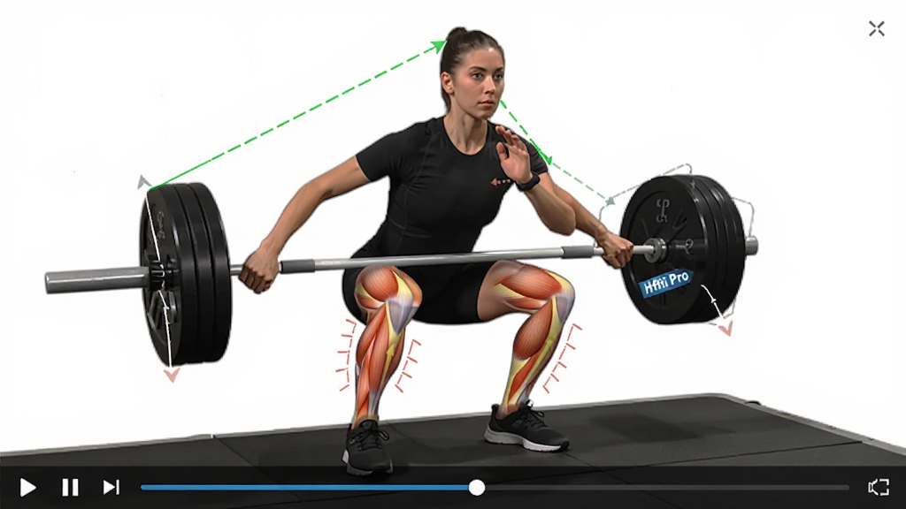 HFfit Pro�Ķ�����ʾ��Ƶ���棬��Ļ�����ڲ���һ����׶����������нǶȱ�ע�ߺͼ��ⷢ��ʾ�⣬�ײ��в��ſ����������רҵ��ѧ�����ʸɾ��޶���Ԫ��