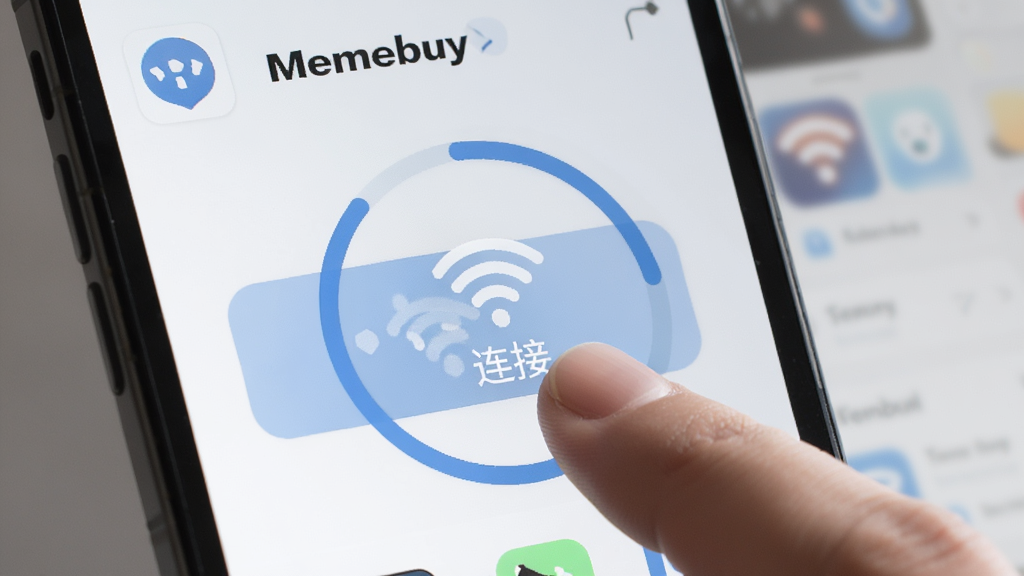 ��ָ�����Memebuy��Ӧ�ý����ϵĴ�ť����ť����WiFiͼ��͡����ӡ���������Χ�м��Ľ���ԲȦ�������黯��ͻ��������㣬���ʸɾ���
