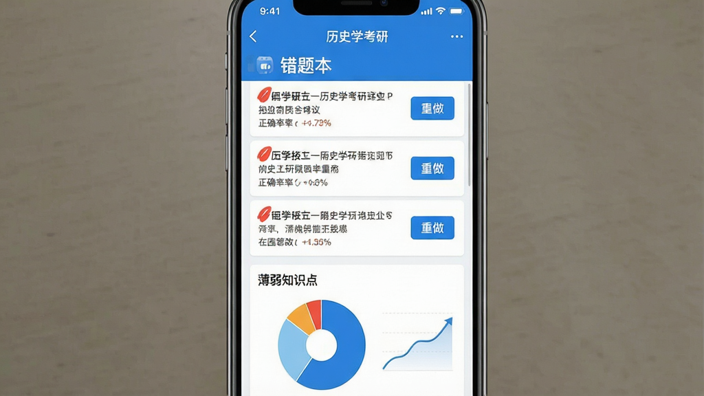 ��������Ϊ�ֻ���Ļ�ϵĴ��Ȿ���棬������ʾ����ʷѧ���С�APP���ƣ��м��Ǵ����б���ÿ������к�ɫ��Ǻ͡���������ť���ײ��Ǳ���֪ʶ���ͼ�����ּ�࣬�Ű���������ƽ�����������ɫ��ϸ�ڰ�����ȷ�ʰٷֱȺͽ������ߣ����ʸɾ����޶���Ԫ��