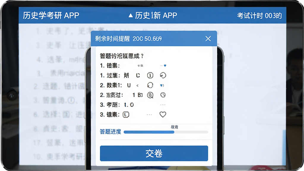 ��������Ϊģ�⿼�Դ�����棬��Ļ�Ϸ���ʾ����ʷѧ���С�APP�Ϳ��Լ�ʱ�����м���ѡ������⿨���·��ǡ���������ť������ģ����ʵ���ԣ��Ű����࣬��ƽ����ƣ�������ɫ��ϸ�ڰ���ʣ��ʱ�����Ѻʹ�������������ʸɾ����޶���Ԫ��