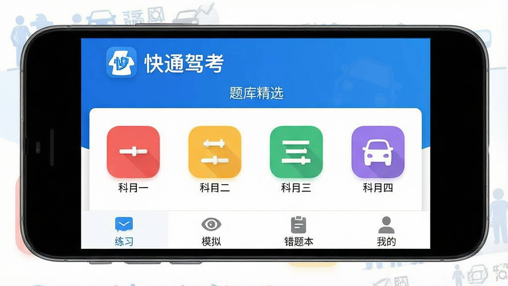 һ�Ÿ����ֻ���ͼ��չʾ����ͨ�ݿ���App�����棬����������Ϊ��ɫ����������ʾ����ͨ�ݿ���Logo�͡���⾫ѡ���������м��ǿ�Ŀһ����Ŀ������Ŀ������Ŀ���ĸ���ɫͼ�꣬�ײ��С���ϰ������ģ�⡱�������Ȿ�������ҵġ��ĸ�ѡ����������ִ���ƽ�����ʸɾ��޶���Ԫ�ء�