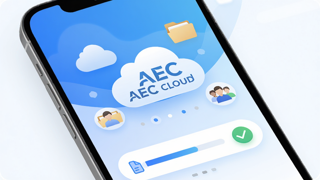 �ֻ���ĻչʾAEC Cloud�����棬�������ִ���࣬�����׽���Ϊ��ɫ����������ʾ��AEC Cloud��Ʒ����������Χ�����ƶ䡢�ļ��С�����Э��ͼ�꣬�ײ����ļ������������������ɶԹ��������ƽ����ƣ�UIϸ��Բ�󣬻��ʸ��壬����ͨ͸���޶���Ԫ�ء�