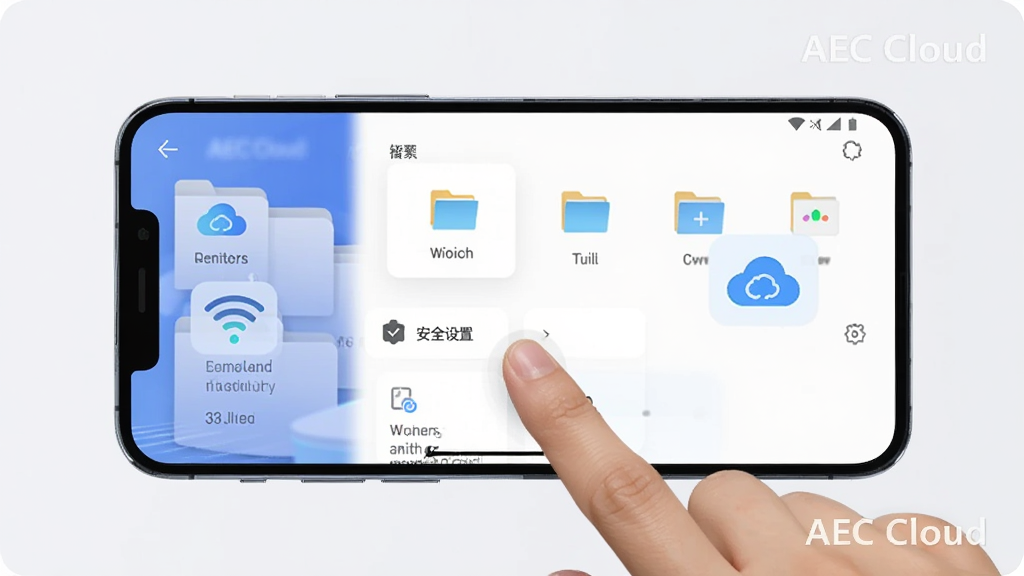 һ�������ֻ�������ʾAEC Cloud���ļ��������棬��ָ���ڵ������ȫ���á�ѡ��Ա���WiFi���ƶ�ͼ�꣬����Ϊǳ��ɫ��ͻ������ָ������������ɾ��������ִ���񣬴���AEC Cloud��ˮӡ��